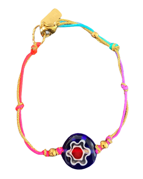 Bracelet Tie&dye Turquoise Flower  matière : acier inoxydable , cordon , perle verre  couleur : doré, vert , blanc , rose   dimension : 14 cm 