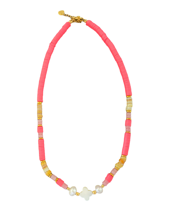 Surfer Pink  Nacre  matière : perles , Acier Chirurgical   couleur : doré, pink  Collier réglable